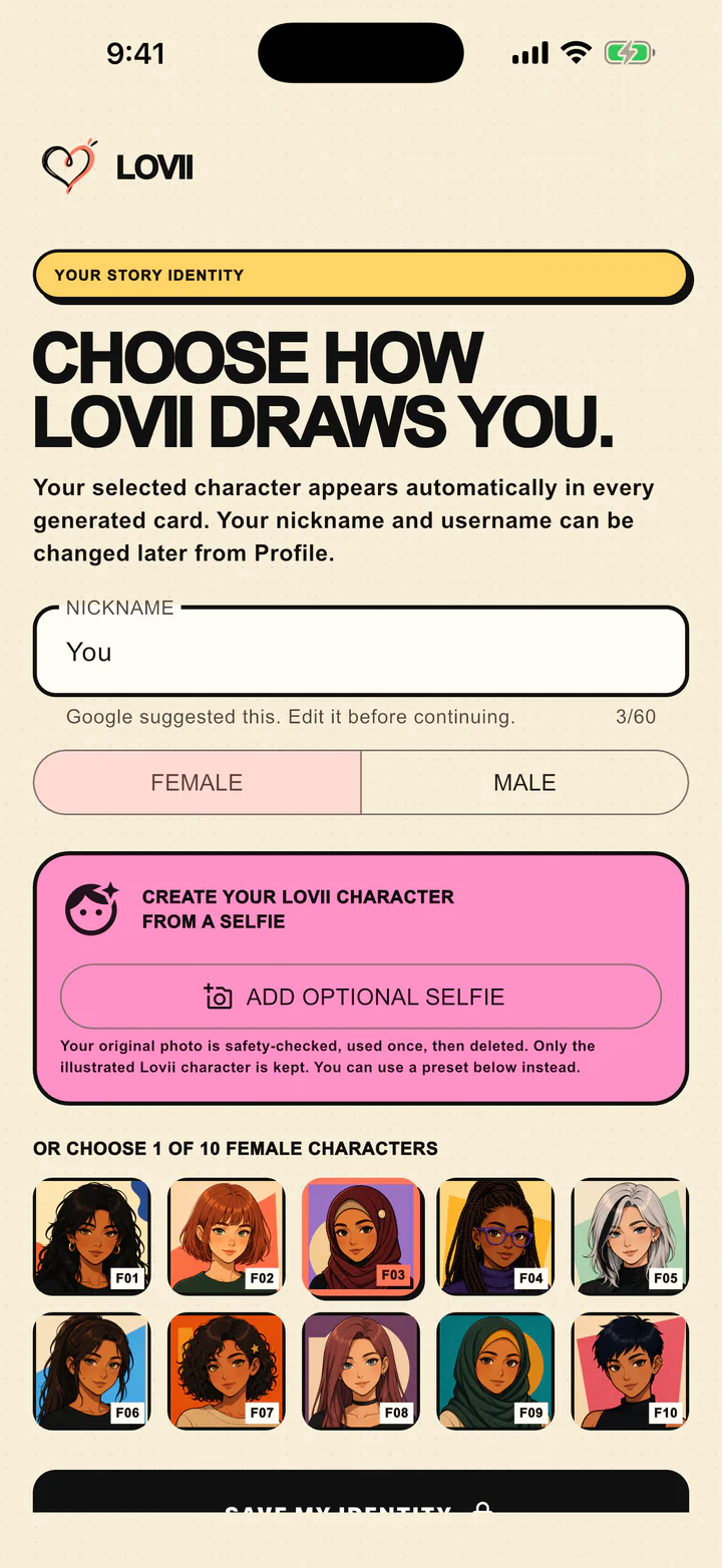 Lovii character identity screen with selfie creation and character presets