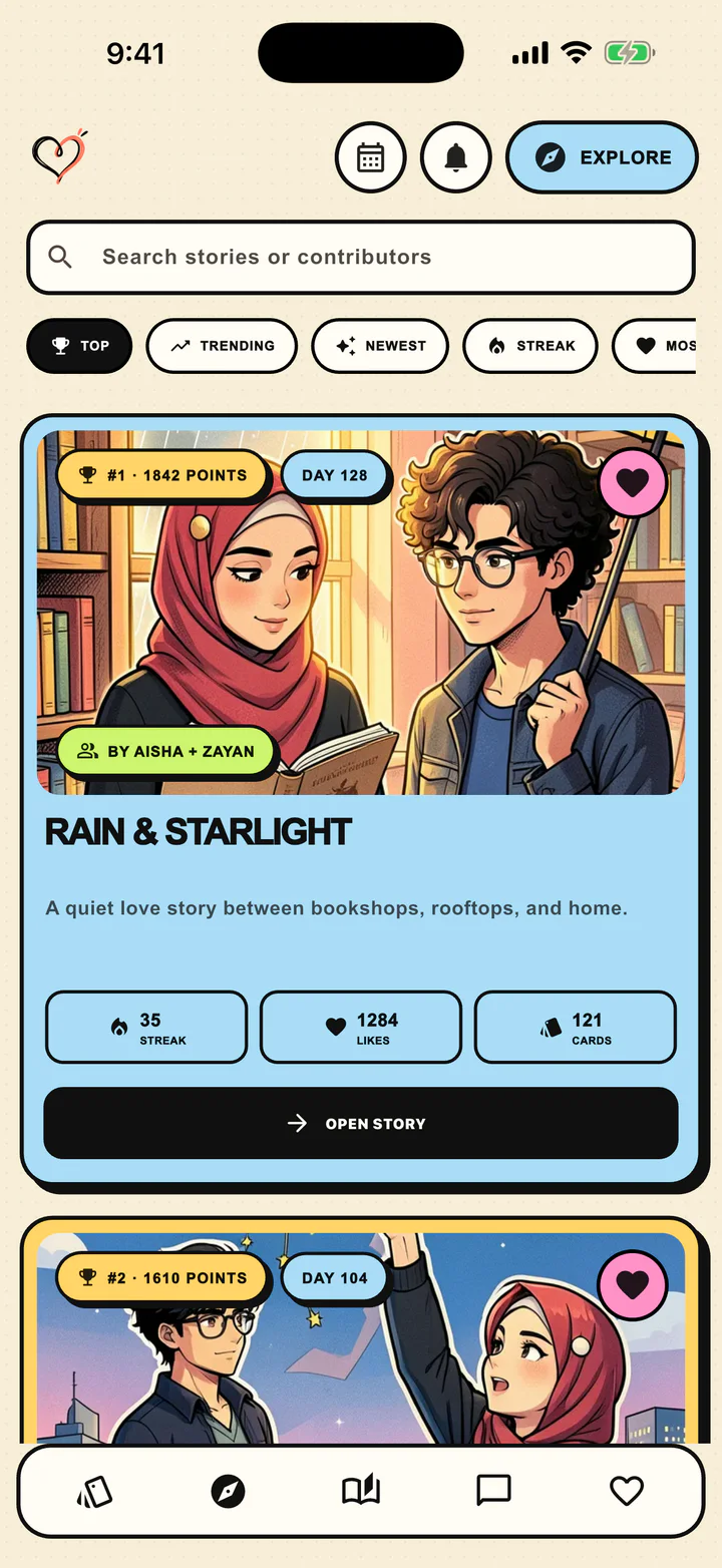 Lovii Explore screen with public love stories